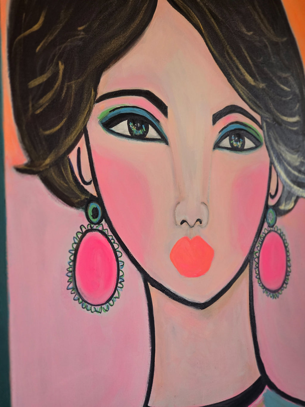 Close angled detail of Girl in Pink original portrait painting by Tammy G Art