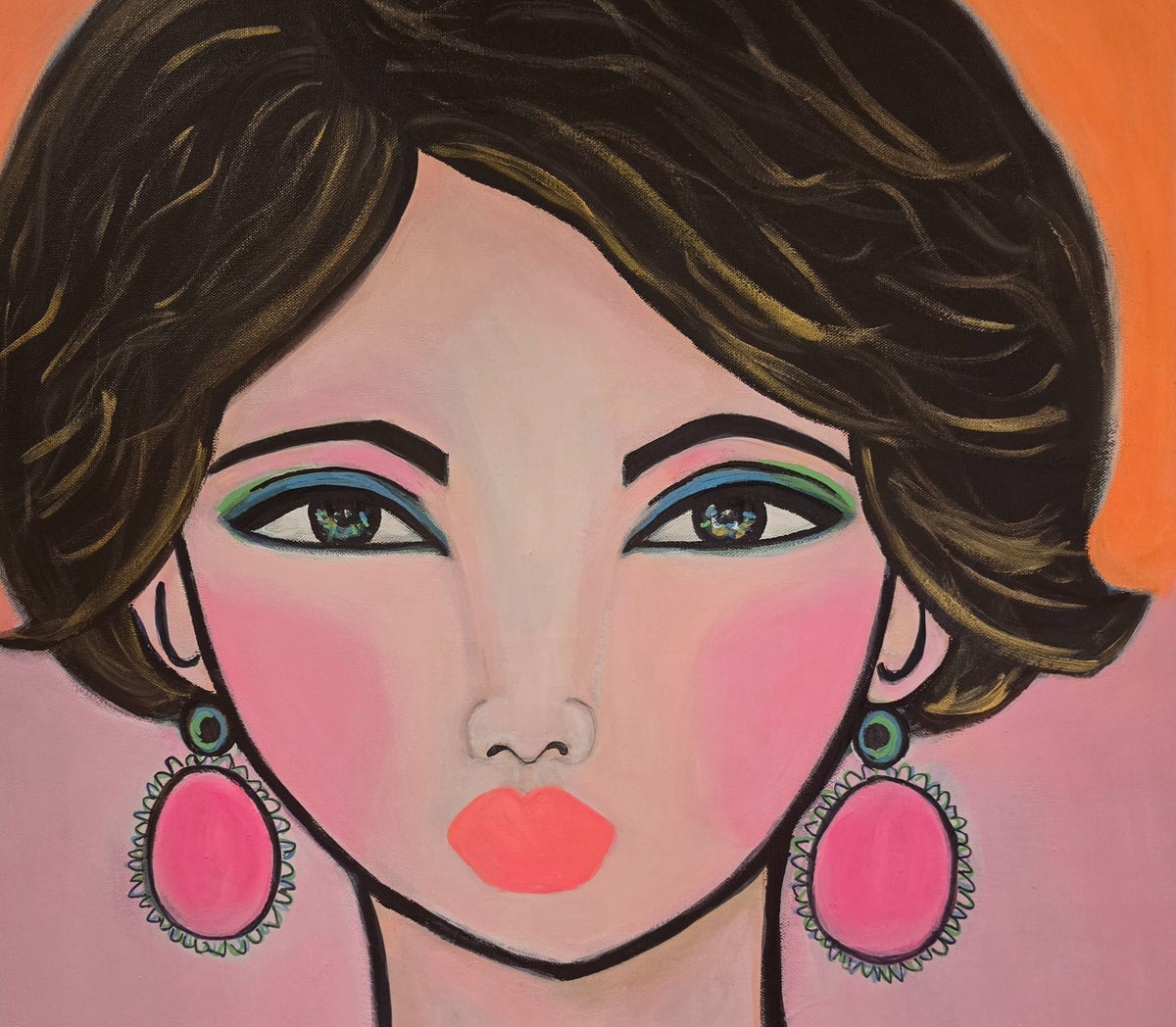 Upper portrait and earring detail of Girl in Pink by Tammy G Art